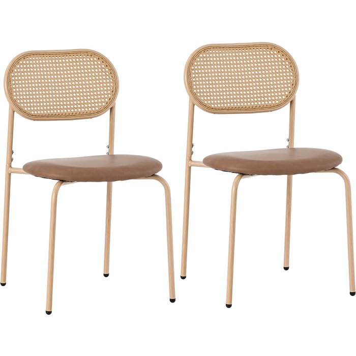 Juego de 2 sillas de comedor modernas - estructura de metal y rattan, marrón
