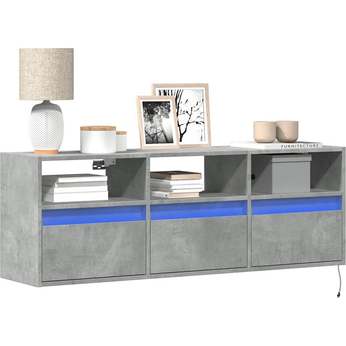 Mueble de tv de pared con luces led, gris hormigón, 130x31x45 cm