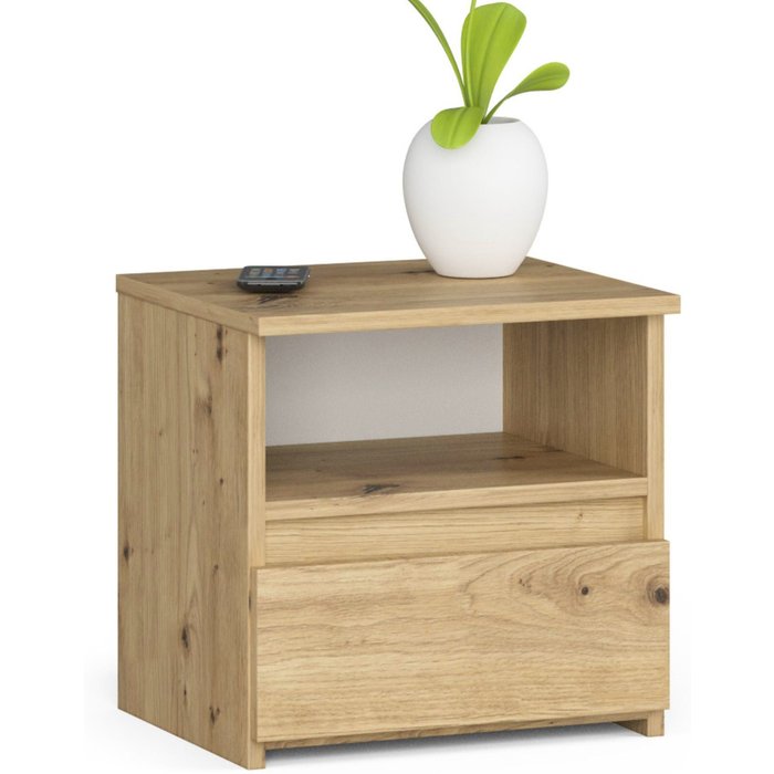 Mesita de noche: un cajón, roble artesanal, 40 x 40 x 35 cm