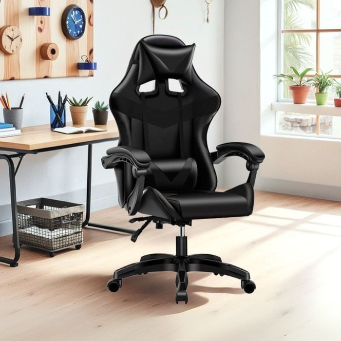 Silla de oficina gaming alta con acolchado en pvc negro