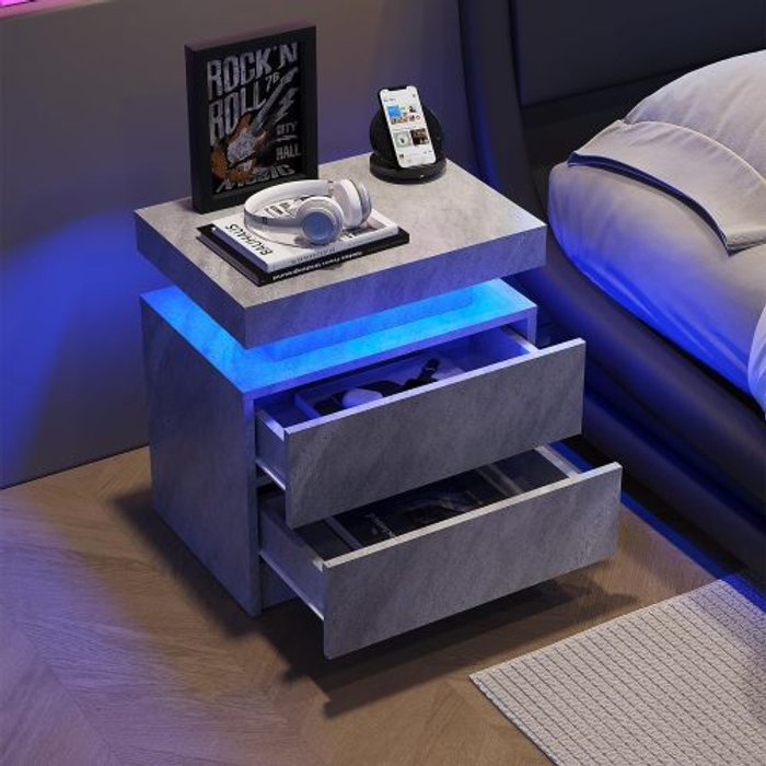 Mesita de noche led moderna con 2 cajones, mueble de cabecera en gris profundo