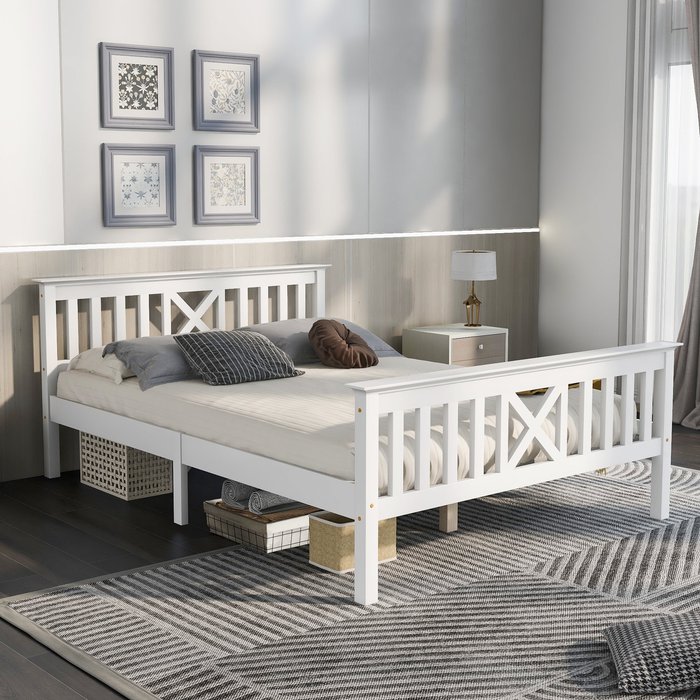 Cama de madera maciza con somier de láminas - 140x200cm - blanco