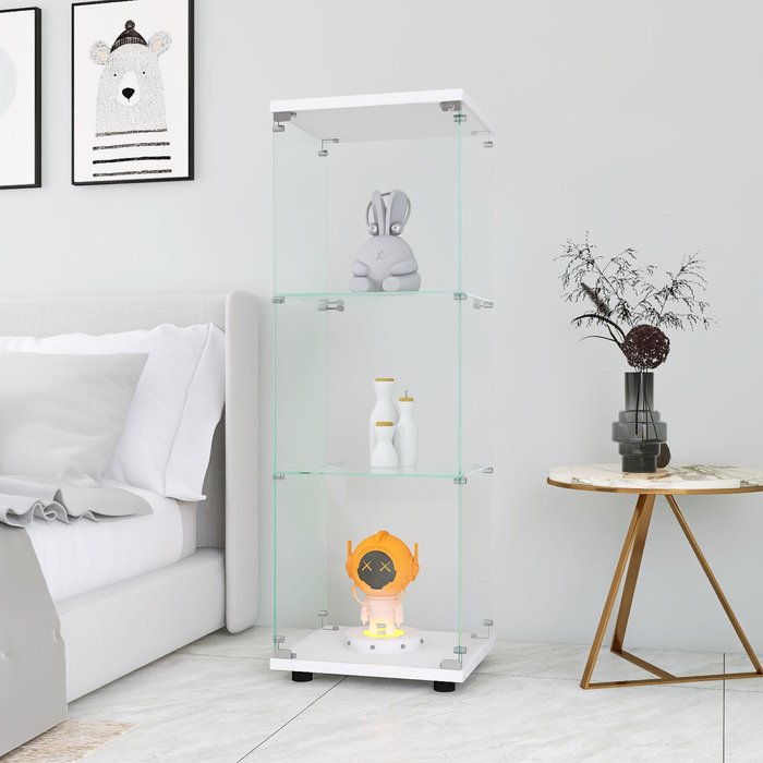 Vitrina de cristal - 3 estantes de cristal - con puertas y cerradura - blanca