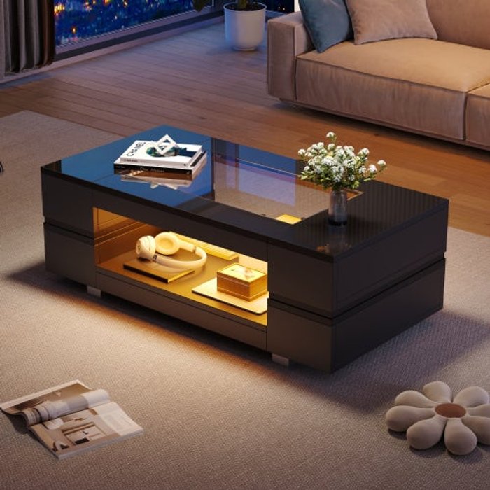 Mesa baja rectangular 100x50x35 cm con led, almacenamiento, de mdf, color negro