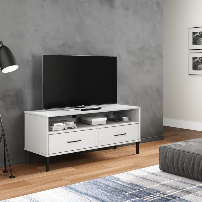 Mueble de tv con patas de metal, blanco, madera maciza de pino, oslo