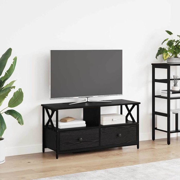 Mueble de tv, roble negro, 90 x 33 x 45 cm, madera de ingeniería y acero