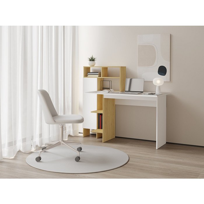 Escritorio con 1 armario y 4 estantes - blanco y natural - montolania