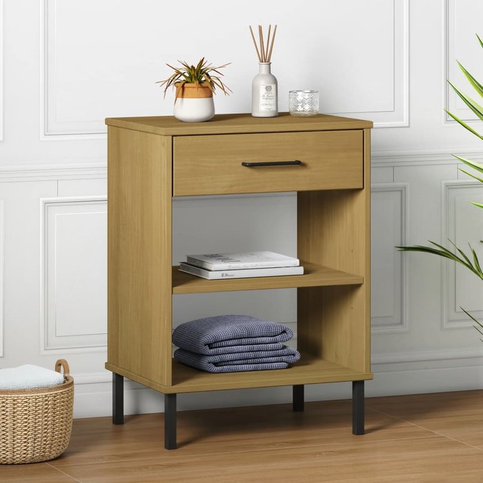 Mueble consola oslo con patas metálicas, color marrón, madera maciza de pino.