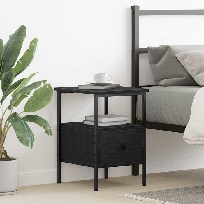 Mesita de noche, roble negro, 34 x 36 x 50 cm, madera de ingeniería.