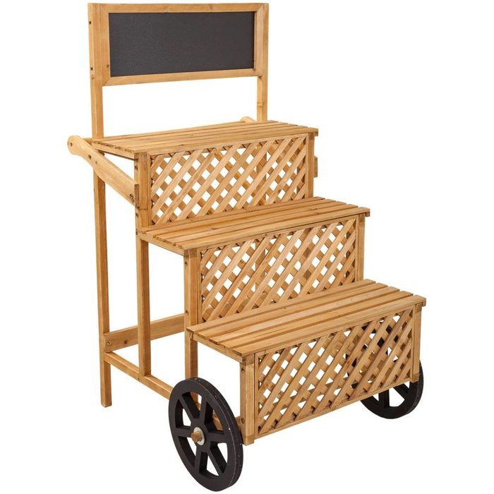 Carro expositor de madera marrón con pizarra 70x71x116