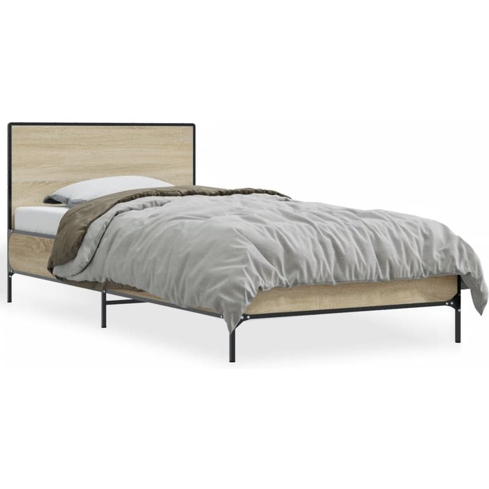 Estructura cama madera ingeniería metal roble sonoma 90x190 cm — comfortxl
