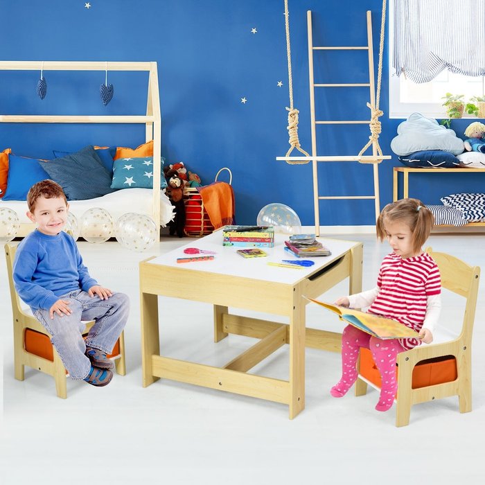 Juego de mesa con 2 sillas para niños con cajas de almacenamiento natural