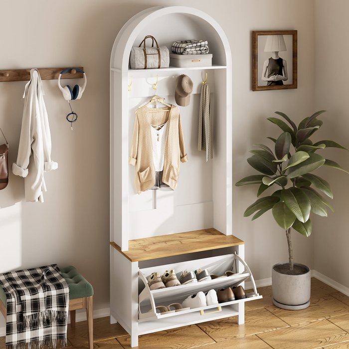 Recibidor de entrada 75x35x195 cm con estante, ganchos y zapatero, blanco/madera