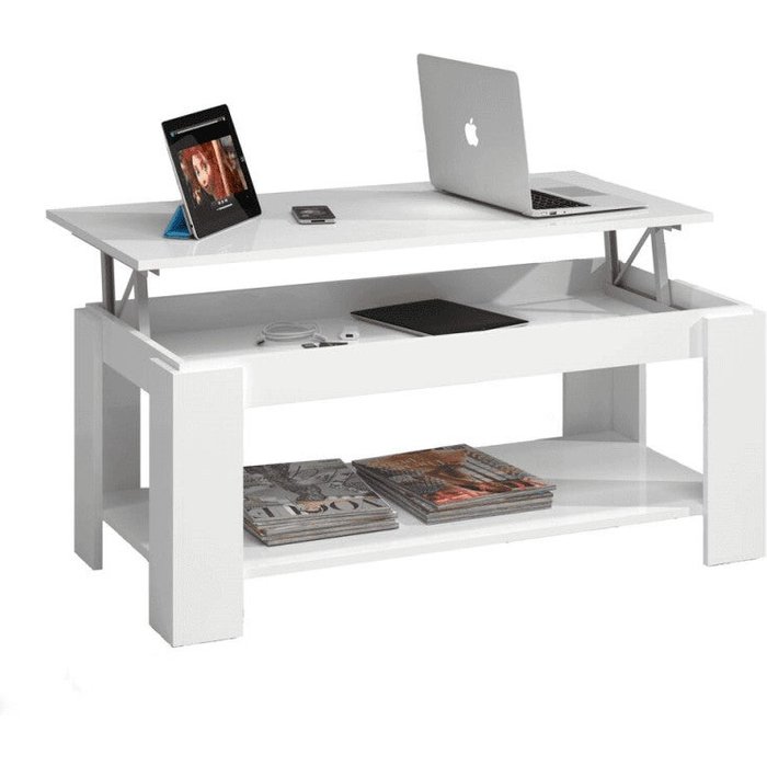 Mesa centro elevable, color blanco artik, medidas: 102x50x43 cm