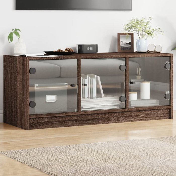 Mueble tv con puertas de cristal roble marrón 102x37x42 cm