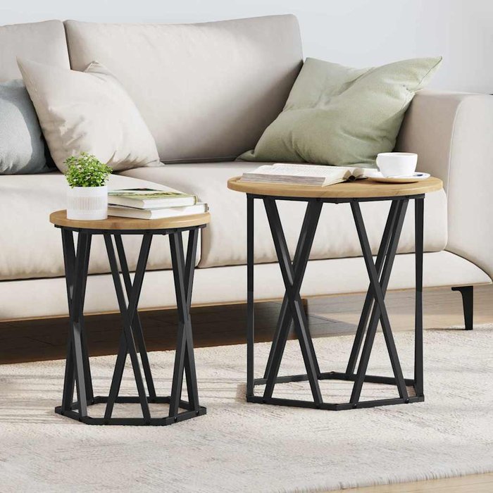 Mesa de centro, 2 piezas, roble artesanal, madera de ingeniería y acero.