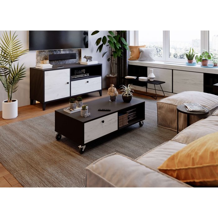 Mesa de centro lisa con ruedas 110x55x38 negro y blanco talesa