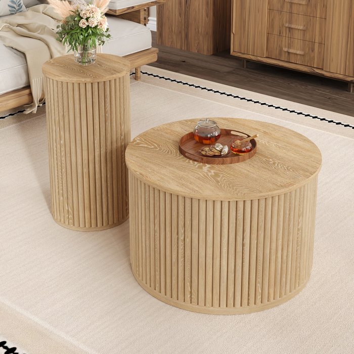 Mesa centro doble (60x38,5 y 30x56 cm) natural, rayas verticales