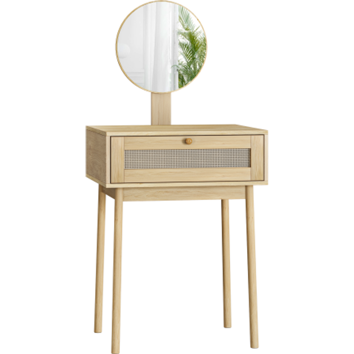 Mesa de maquillaje de mimbre con espejo, mesa de maquillaje compacta - comfortxl