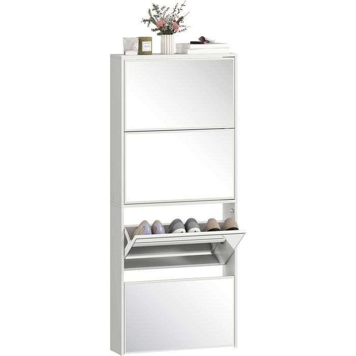 Zapatero estrecho blanco 4 puertas espejo 12 pares 63x17x146cm entrada pasillo