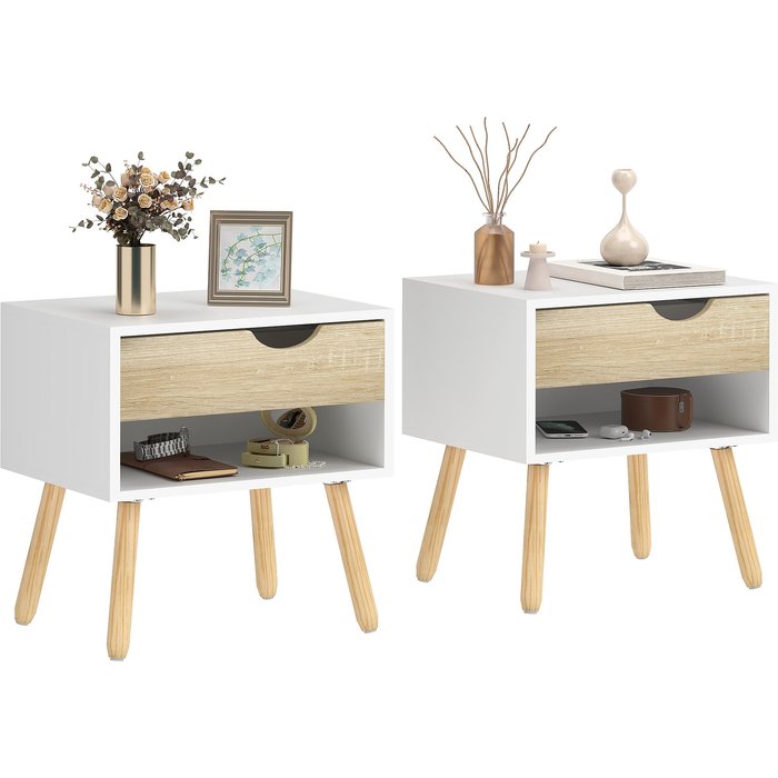 Tocador, juego de 2 mesitas de noche con cajón y estante.