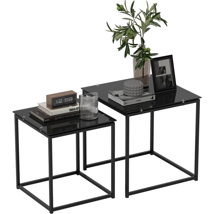 Set de 2 mesas auxiliares, diseño moderno, apilables, mesa de cristal, negro