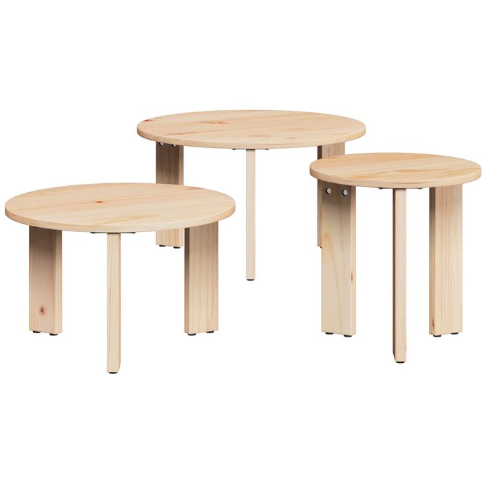 Juego de mesa de centro de 3 piezas, madera maciza de pino natural.