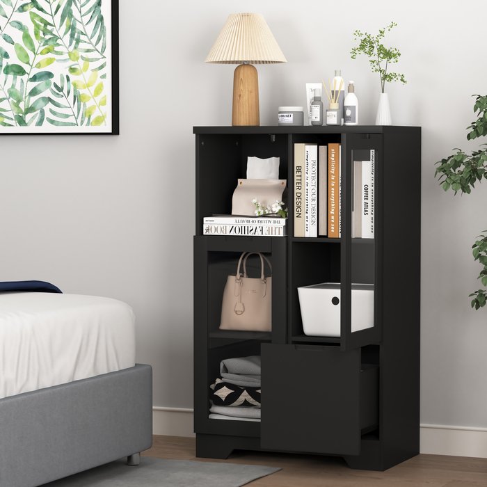 Aparador 65x30x100 cm con 2 puertas de cristal/1 estante/1 cajón, mdf negro