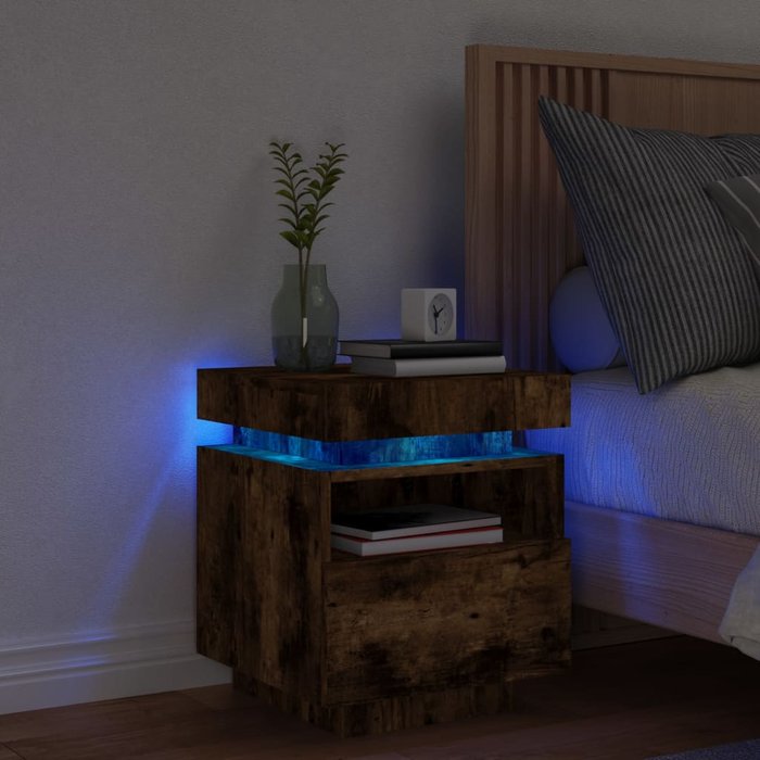 Maison exclusive - mesita de noche con luces led roble ahumado 40x39x48,5 cm