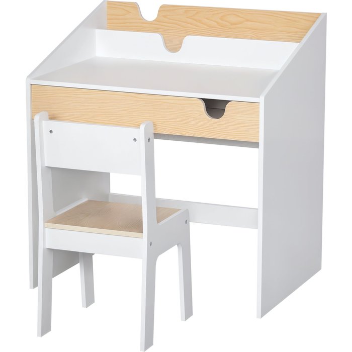 Escritorio infantil mesa y silla 3-6 años cajón estante 70x50x75cm blanco madera