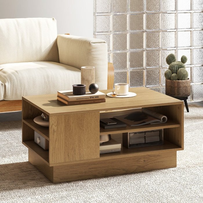 Mesa de centro rectangular con 2 estantes abiertos 86x56x41 cm natural