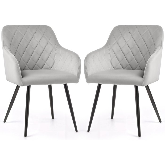 Juego de 2 sillas de terciopelo con costuras en rombos velto gris patas negras