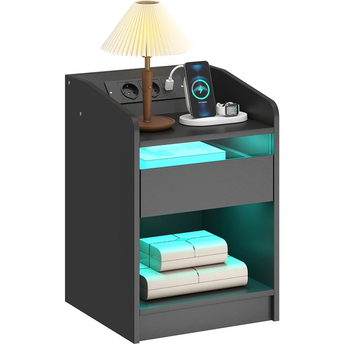 Mesita de noche led 40x40x58cm con carga usb y cajón negro