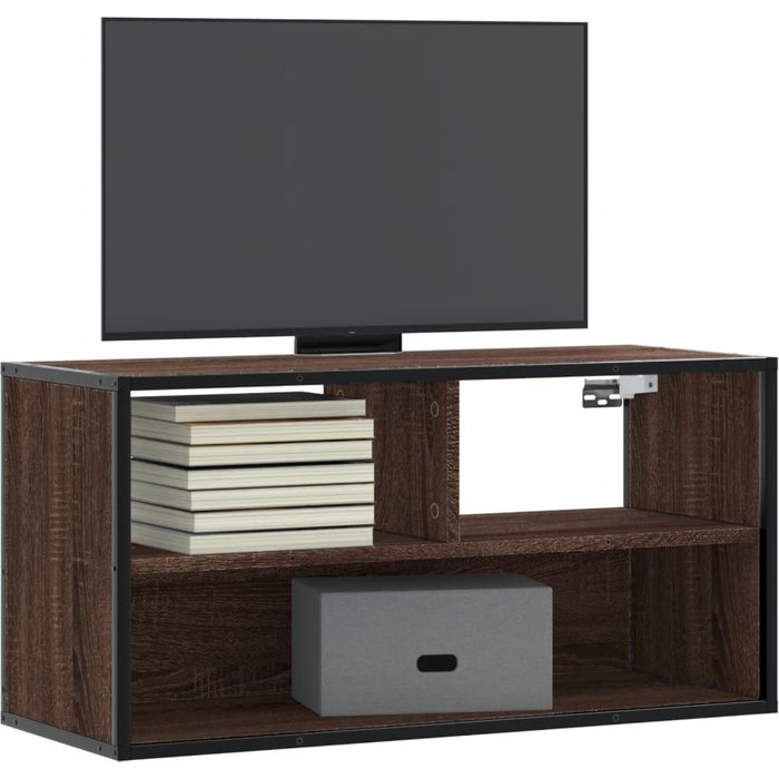 Mueble de tv de roble marrón 80x31x39,5 cm de madera contrachapada y metal