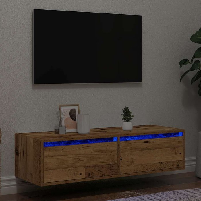 Mueble de tv con luces led envejecida 100x35,5x25 cm