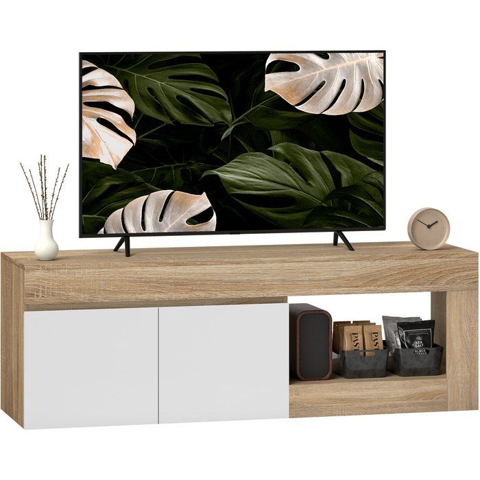 Mueble tv 140cm blanco madera 2 puertas estante abierto hasta 60 pulgadas