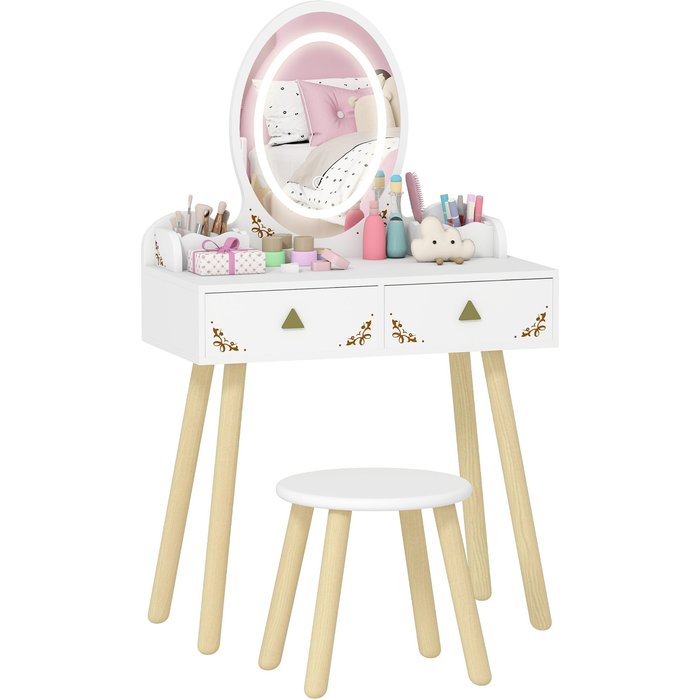 Tocador infantil led 3 colores con taburete y cajones 60x30x99cm blanco +3 años