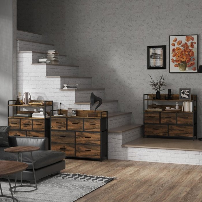 Aparador bajo 98x29x85cm con 7 cajones, mdf, marrón