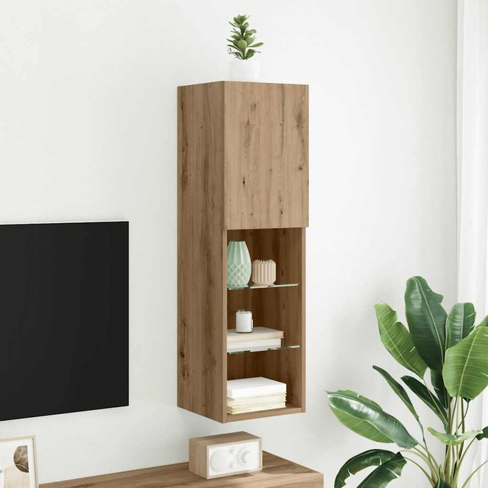 Mueble de tv con luces led, roble artesanal, 30,5x30x102 cm