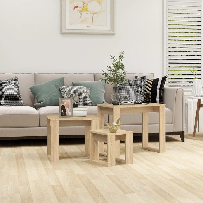 Mesas apilables 3 pzas madera contrachapada color roble sonoma