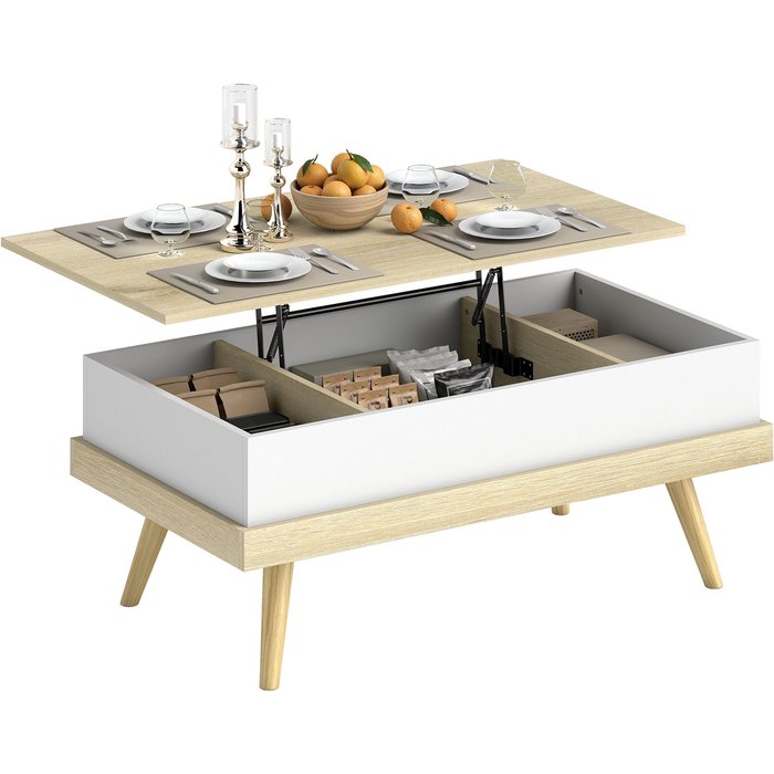 Mesa centro elevable 3 compartimentos almacenaje madera blanco 100x79x54cm