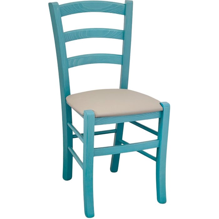 Silla venice de madera turquesa con asiento en símil piel gris tórtola