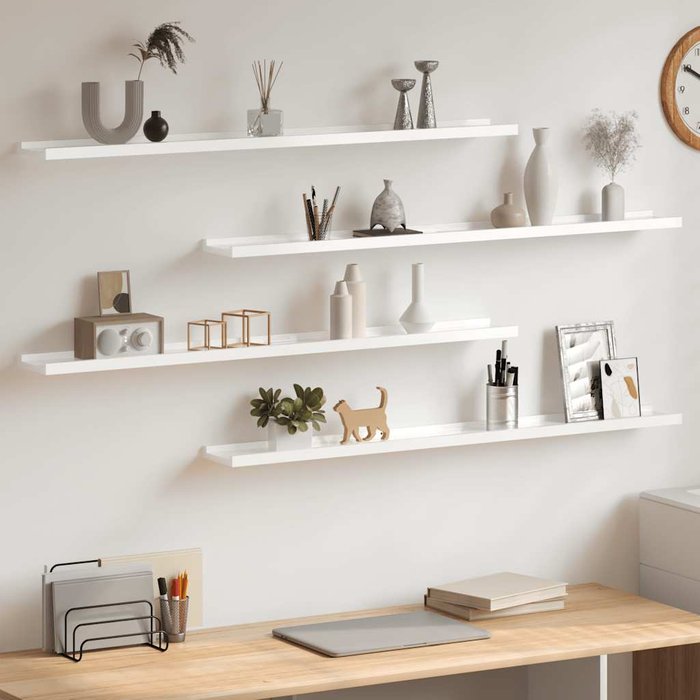 Estantes de pared, 4 unidades, blanco brillante, 100x9x3 cm