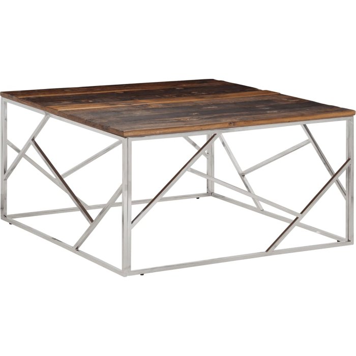 Mesa de centro acero inoxidable madera maciza traviesa plateado