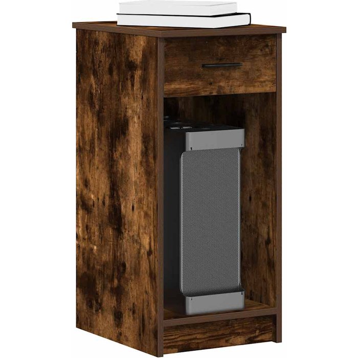 Soporte para torre de ordenador con cajón, de roble ahumado, 35x45x77 cm.