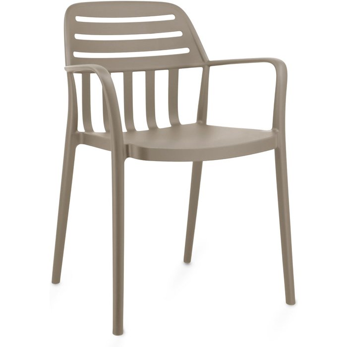 Silla sisu apilable en polipropileno beige con reposabrazos.