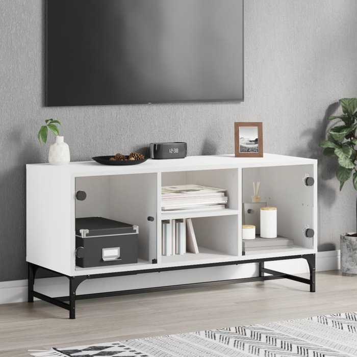 Mueble tv con puertas de cristal blanco 102x37x50 cm