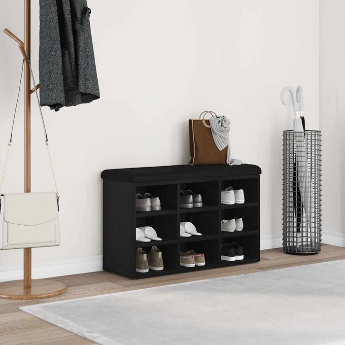 Banco zapatero, negro, 80 x 30 x 48 cm, madera de ingeniería.