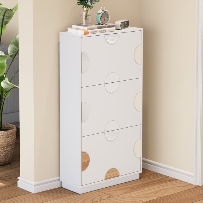 Zapatero con espejo redondo y 3 puertas abatibles, 63 x 24 x 120 cm, mdf, blanco