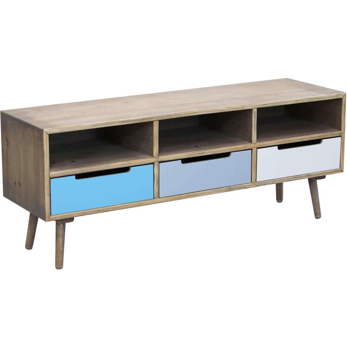 Mueble de tv de madera con 3 estantes y 3 cajones de colores breda